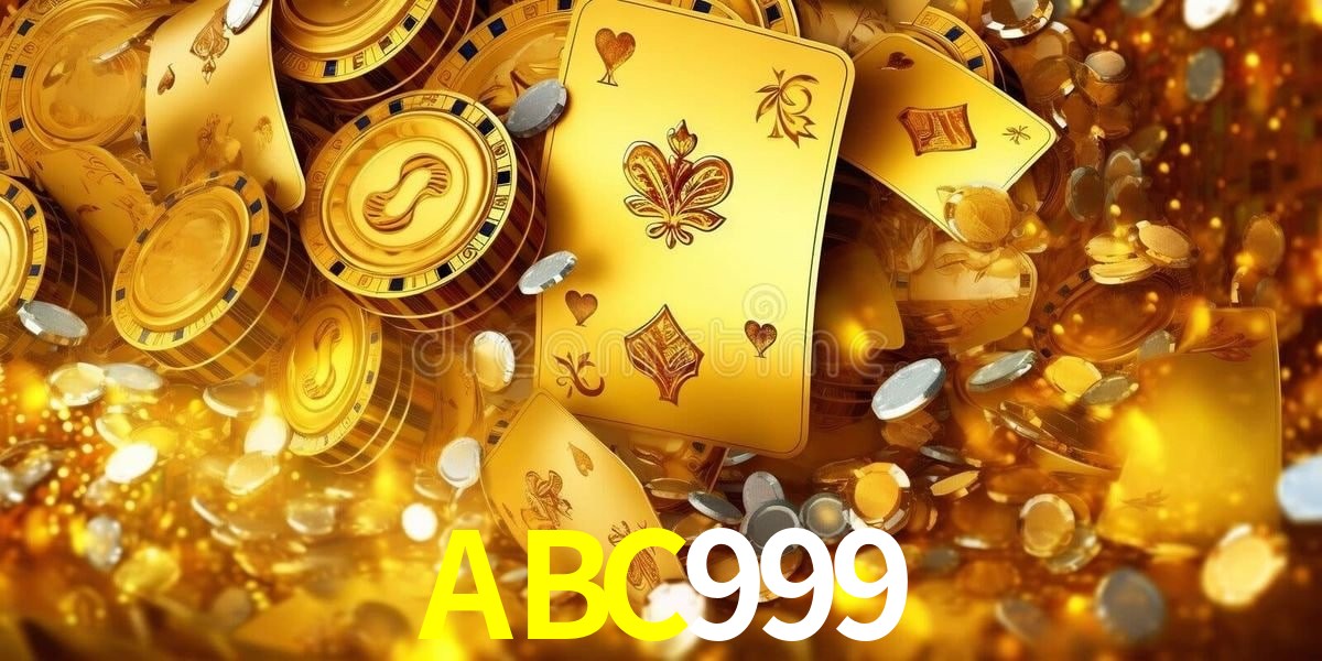 Una escena digital vívida inspirada en casino con ABC999 mostrado prominentemente, luces brillantes, fichas, cartas y acentos dorados.