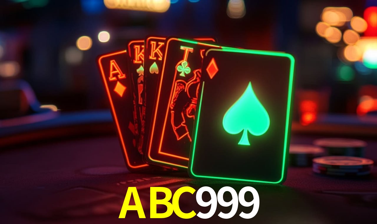 Escena dinámica inspirada en casino con iluminación ABC999, cartas, fichas e íconos de juegos digitales en un espacio moderno de juegos.