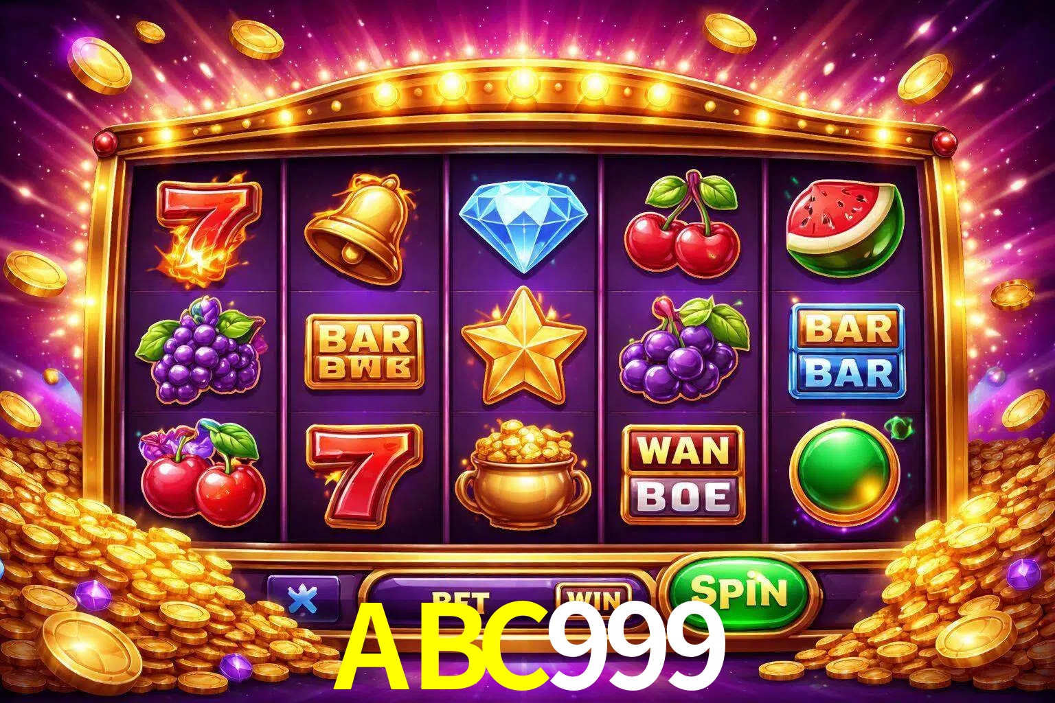 Una interfaz colorida de tragamonedas en línea con símbolos brillantes, monedas y un efecto de victoria celebratoria en ABC999.