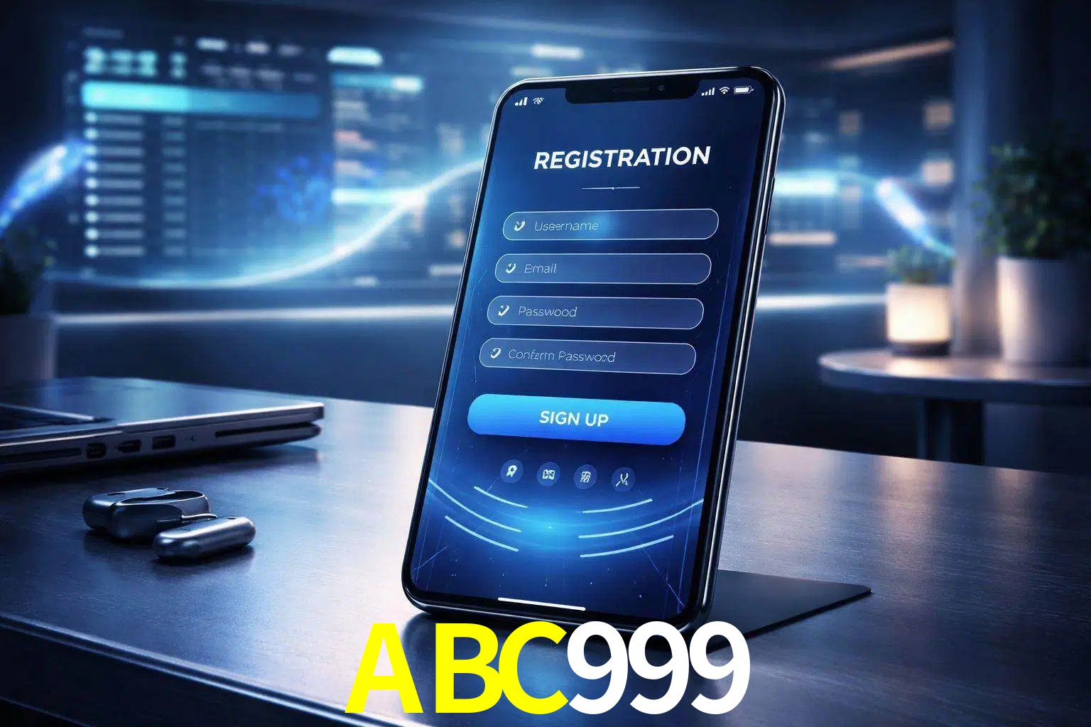 Una interfaz moderna de registro móvil para ABC999 mostrada en un smartphone con un panel de apuestas elegante.